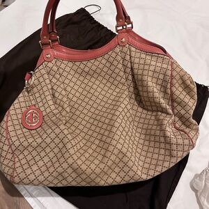 Gucci GG Canvas Tote Bag Pink Leather Trim Large Shoulder Bag Authentic